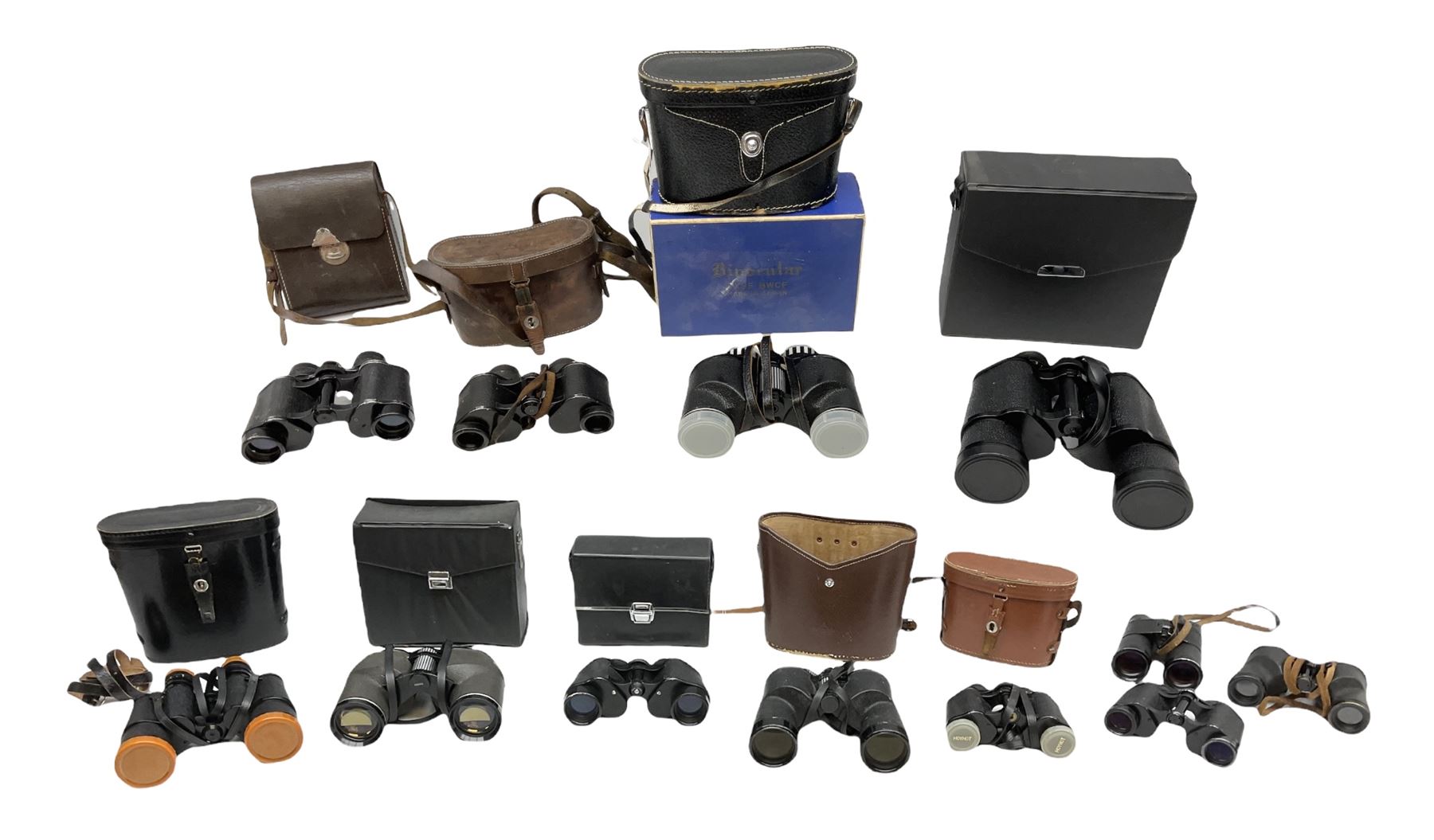 Twelve pairs of binoculars to include BWCF 7x35 Extra Wide Angle, Carl Zeiss Jena Delturis 8x24, Carl Zeiss Jena Jenoptem 8x30W, Chinon Countryman 10x50,  Ajax 8x30, Regent 16x50, etc,  some with cases
