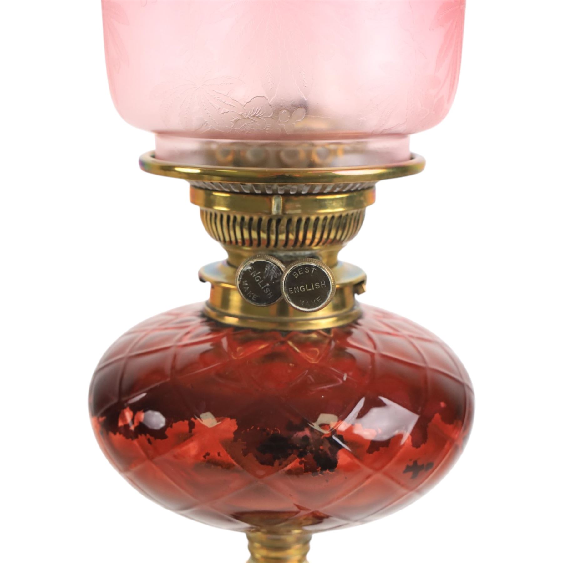 Victorian oil lamp, with etched shade with fluted rim, above a cranberry reservoir, on twisted brass pedestal and decorative base, together with cranberry glass jar, lamp H72cm 