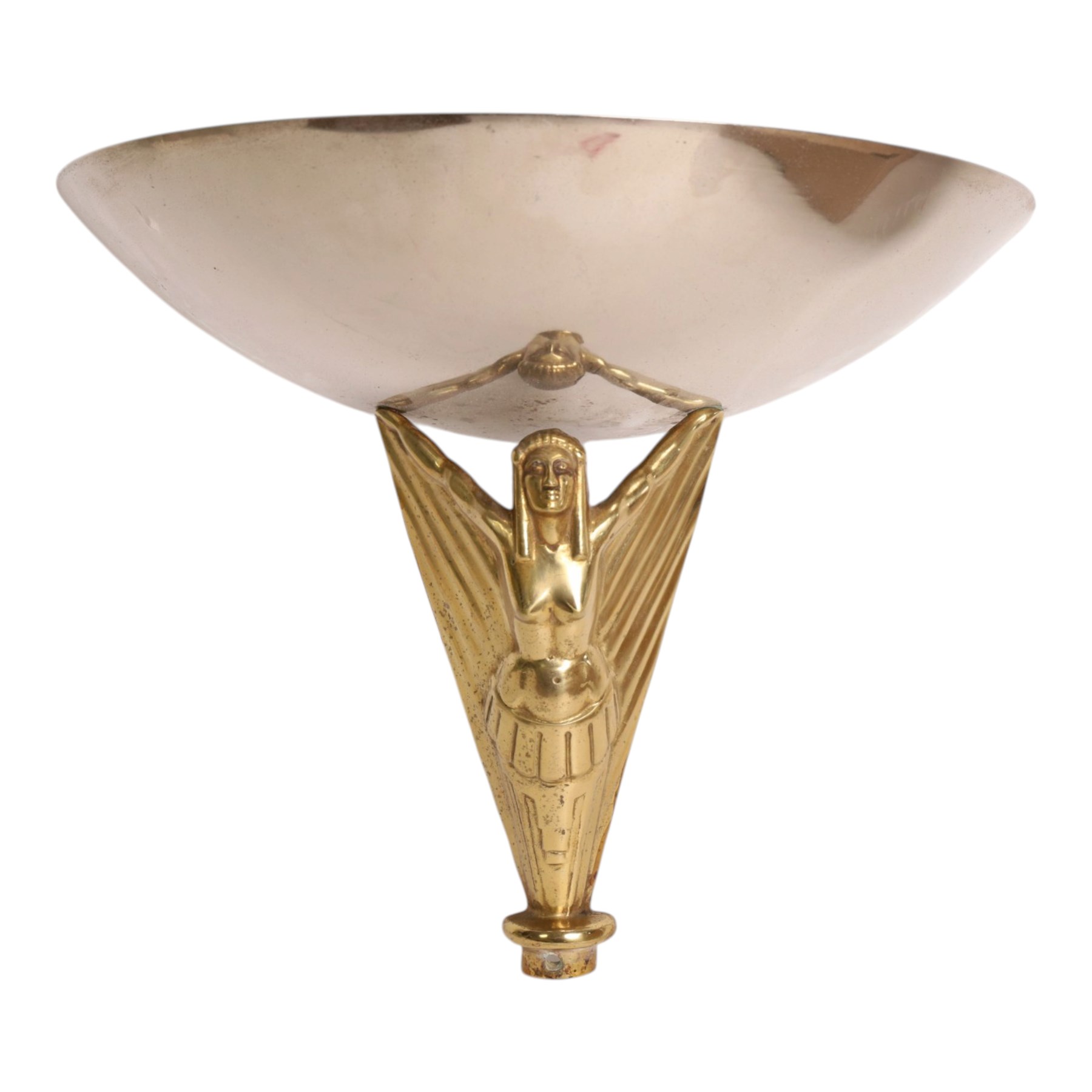Pair of Art Deco gilt-brass wall lights, circa 1930, each modelled as a stylised female figure with outstretched drapery supporting a demi-lune mirrored reflector, H35cm