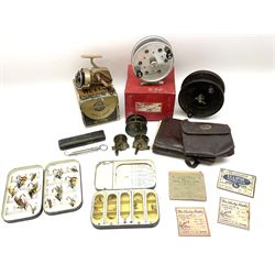 Six fishing reels including two miniature brass examples, Allcocks ‘Aerialite’ etc, various flies and other related items