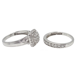  White gold diamond square cluster ring and round brilliant cut diamond half eternity ring, both stamped 9K   