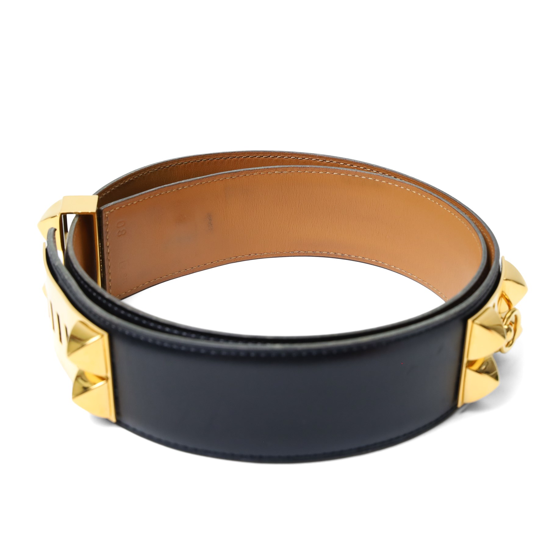 Hermès - ‘Collier de Chien 50’ black leather belt, with yellow gold-tone pyramid stud and hardware, size 80, with original box