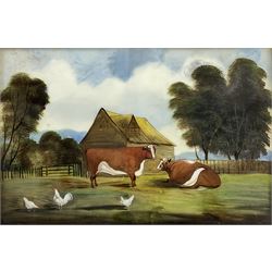 English Naive/Primitive School (Early 20th century): Chickens and Bull in Farmstead, oil on board unsigned 40cm x 60cm