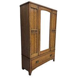 Early 20th century oak wardrobe, fitted with single mirror door, drawer to base