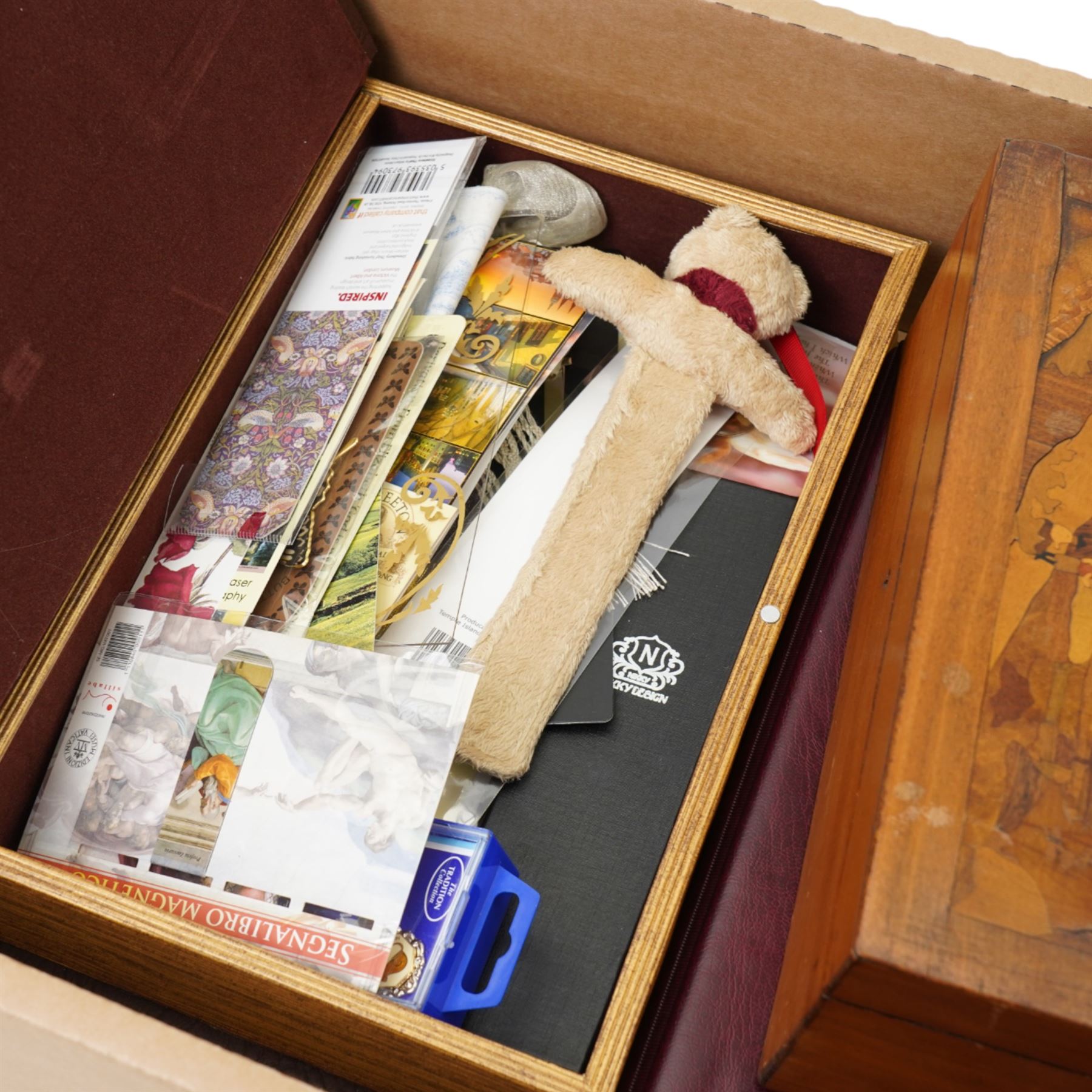 Inlaid marquetry box, large collection of bookmarks, first day covers etc