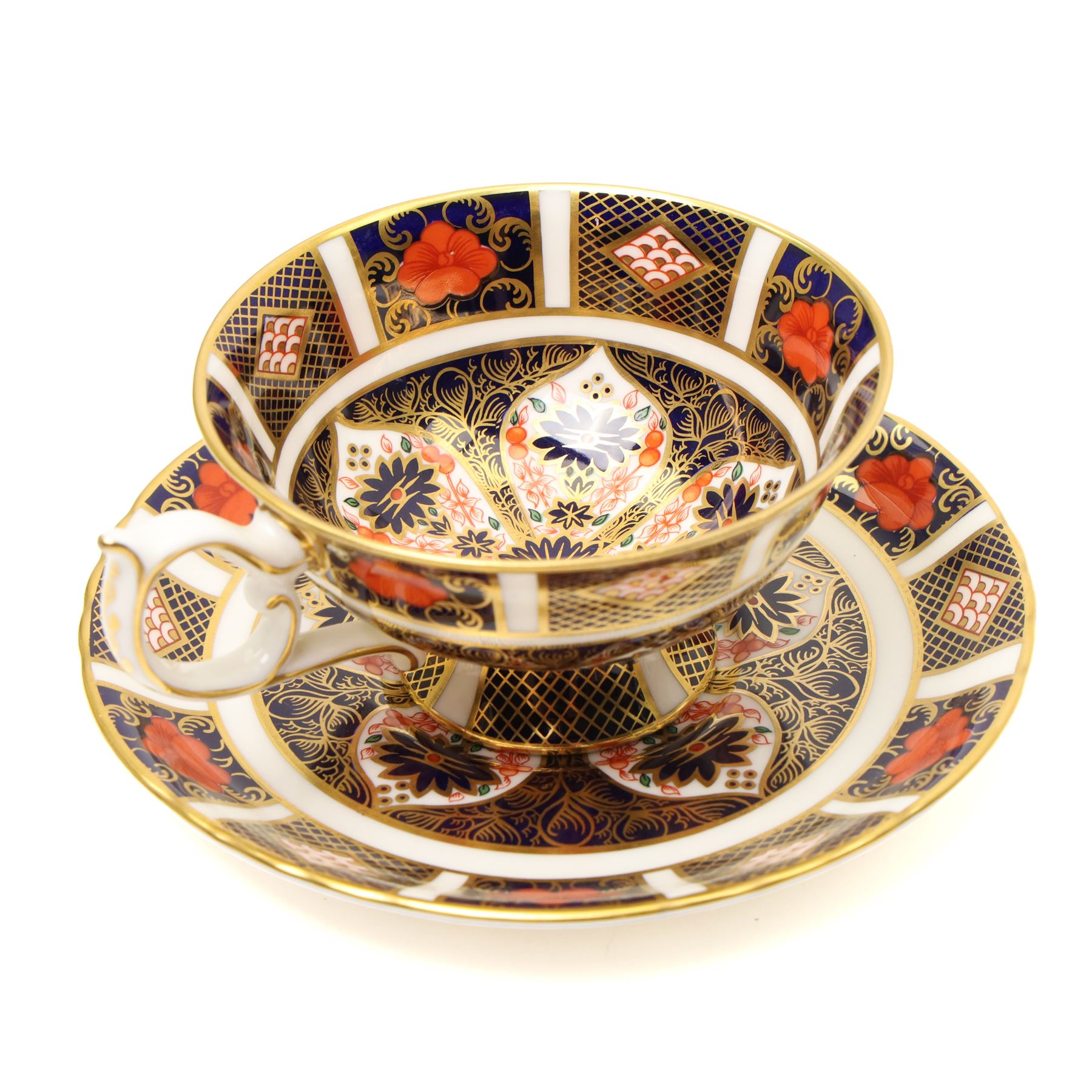 Set of five Royal Crown Derby pattern 1128 teacups and saucers