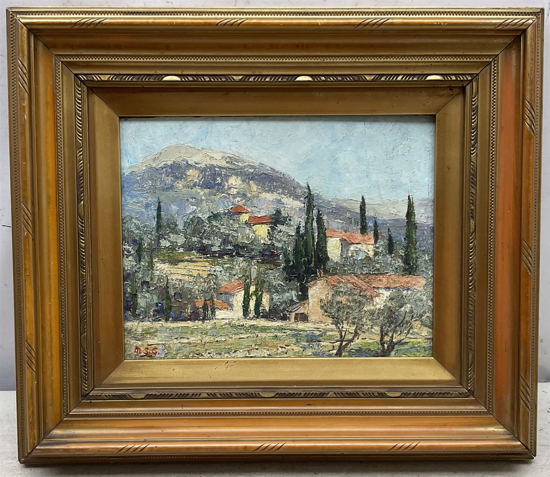 Mary Stewart Gibson (Scottish 1904-1989): View Towards Grasse, oil on board signed with initials, indistinctly titled verso 18cm x 23cm 