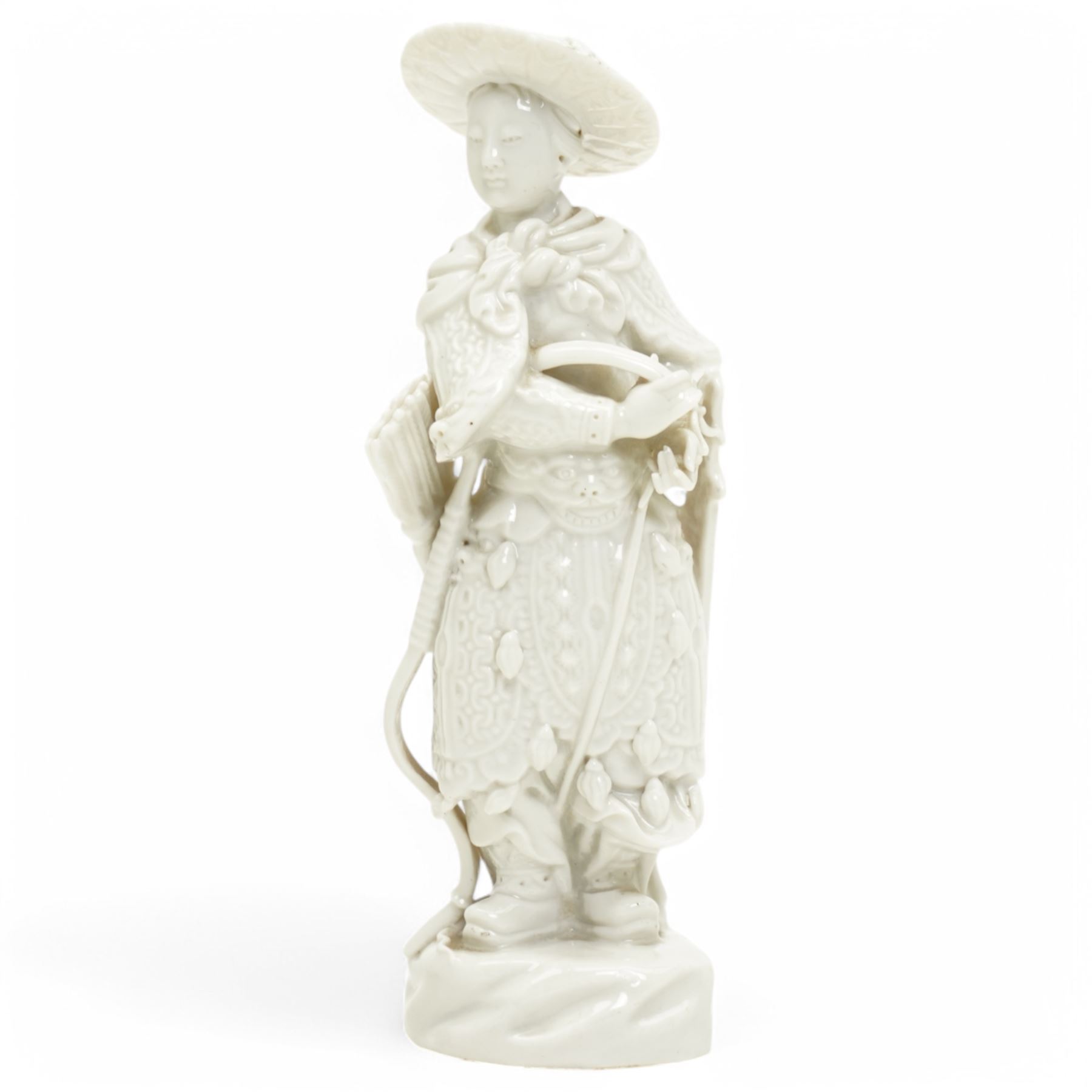 Pair of 19th century Berlin blanc de chine figures of flower sellers on circular bases, H25cm and similar of an oriental archer, together with a figural group of mother and child (4)