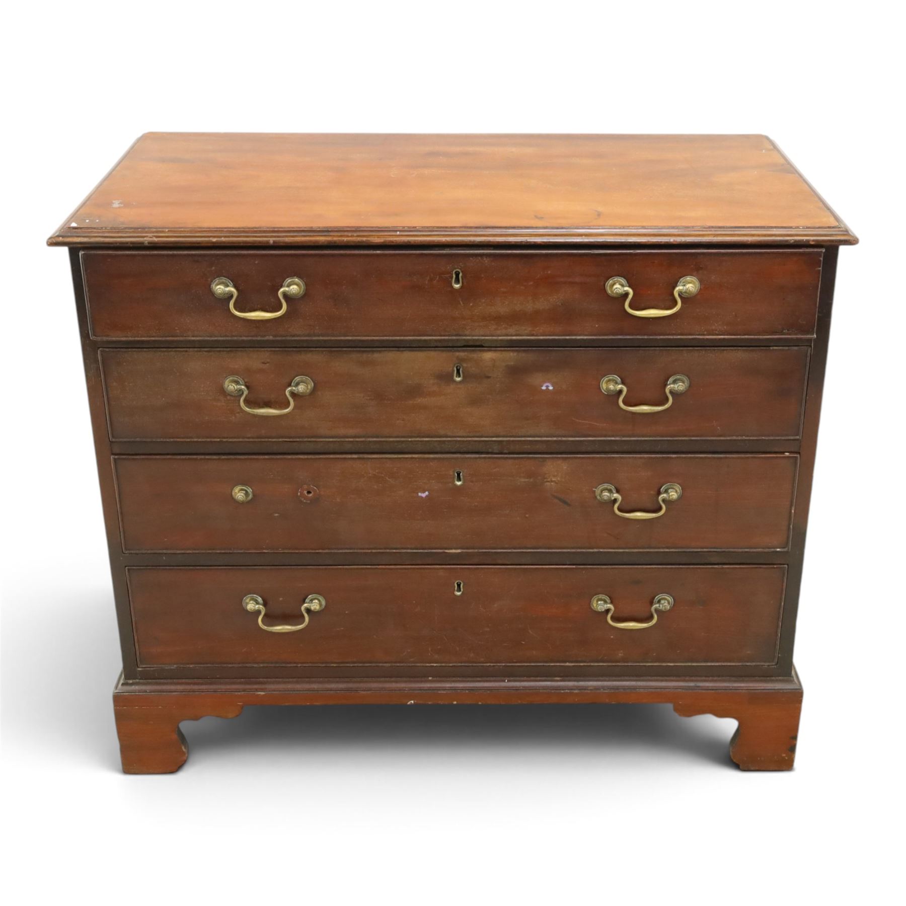 George III straight front mahogany chest, fitted with four graduating drawers with cockbeaded edges, raised on bracket feet