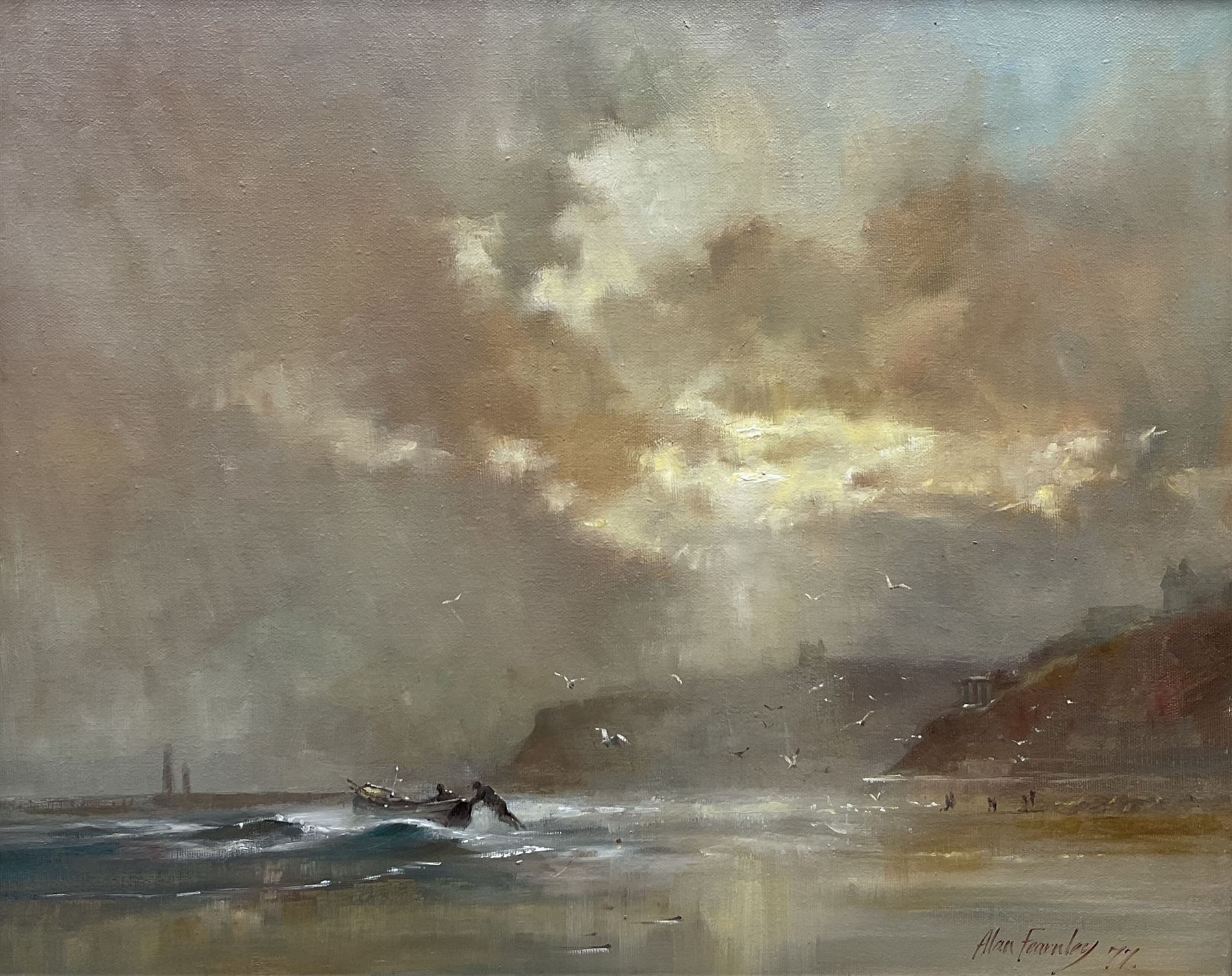 Alan Fearnley (British 1942-): Fisherman at Upgang looking towards Whitby, oil on canvas signed and dated '77, 40cm x 50cm