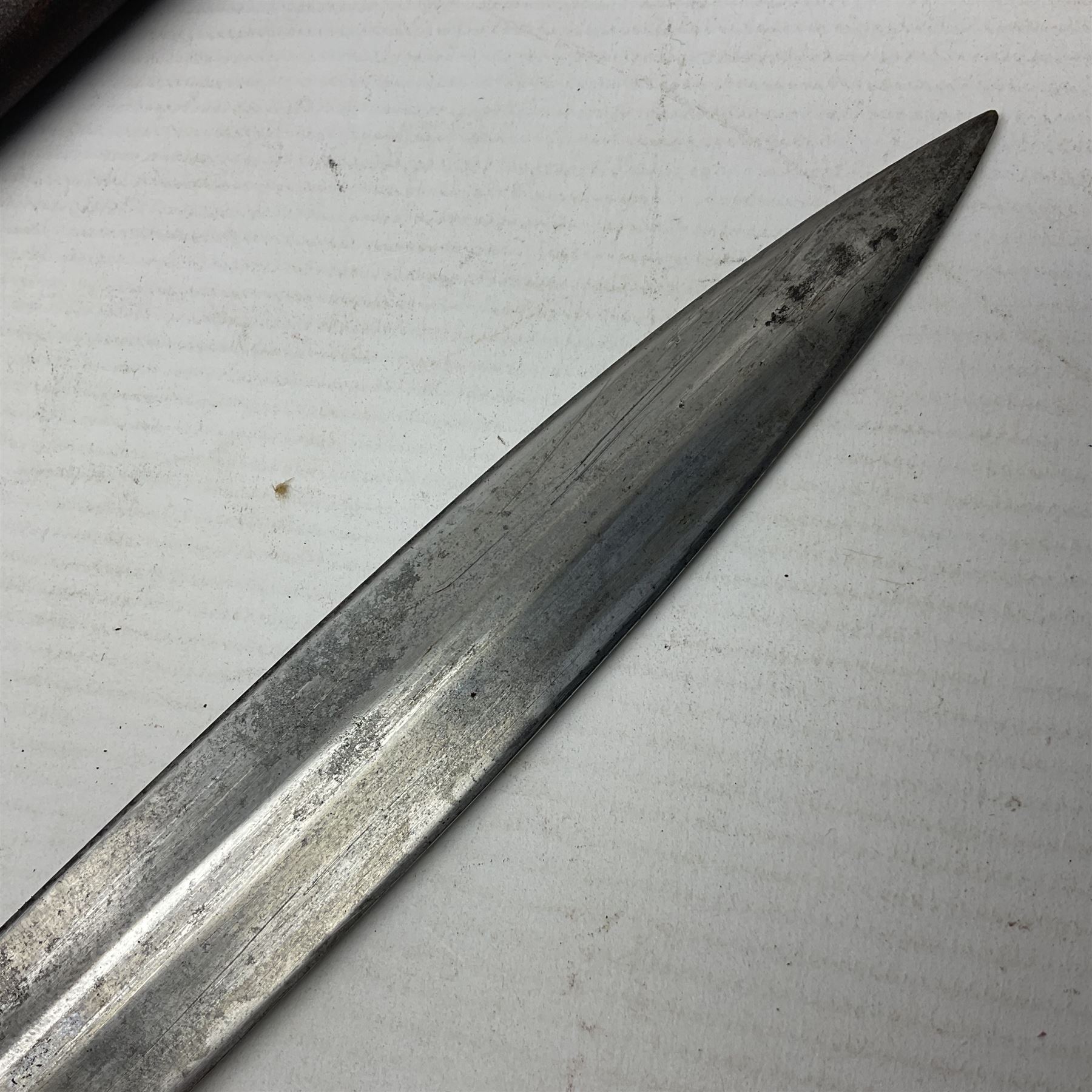 British Pattern 1888 knife bayonet, the 30cm double edged blade by Sanderson with central raised medial ridge and various marks to the ricasso including date code 12 98; in leather covered scabbard with various stamped marks L44cm overall