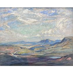 Joseph Alfred Terry (Staithes Group 1872-1939): 'The Crest of the Pennines', oil on board signed, titled on exhibition label with artist's address verso 32cm x 39cm