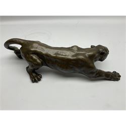 Bronze figure of a crouching cougar after 'Milo', with foundry mark, L42cm