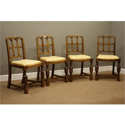  Set four early 20th century oak dining chairs with upholstered drop in seats  