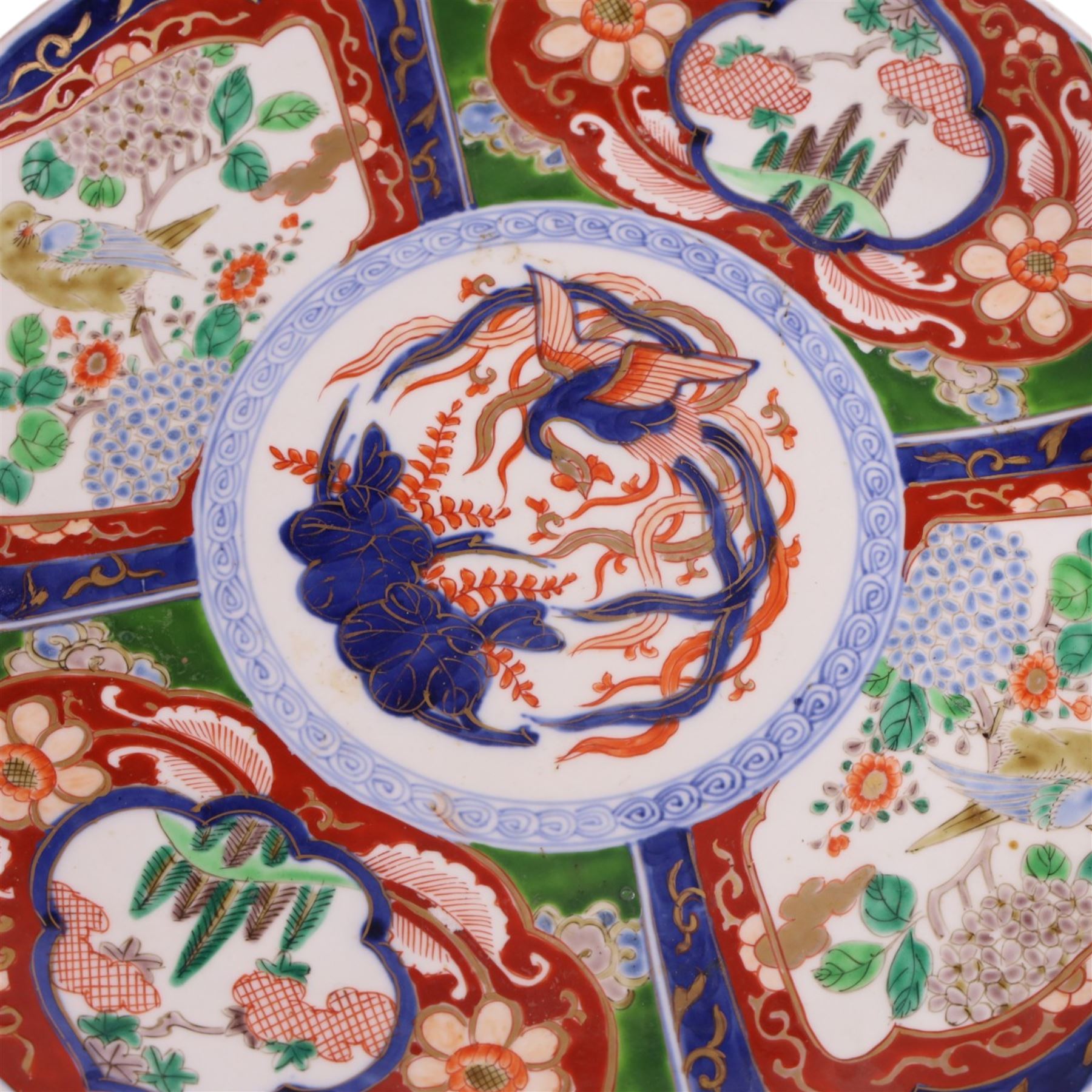 Imari vase decorated with peonies and blossoming branches, together with an imari charger, vase H31cm