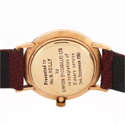 Longines gentleman's 9ct gold manual wind presentation wristwatch, Cal. 19.4, silvered dial with baton hour markers and subsidiary seconds dial, London 1960, on burgundy lizard strap