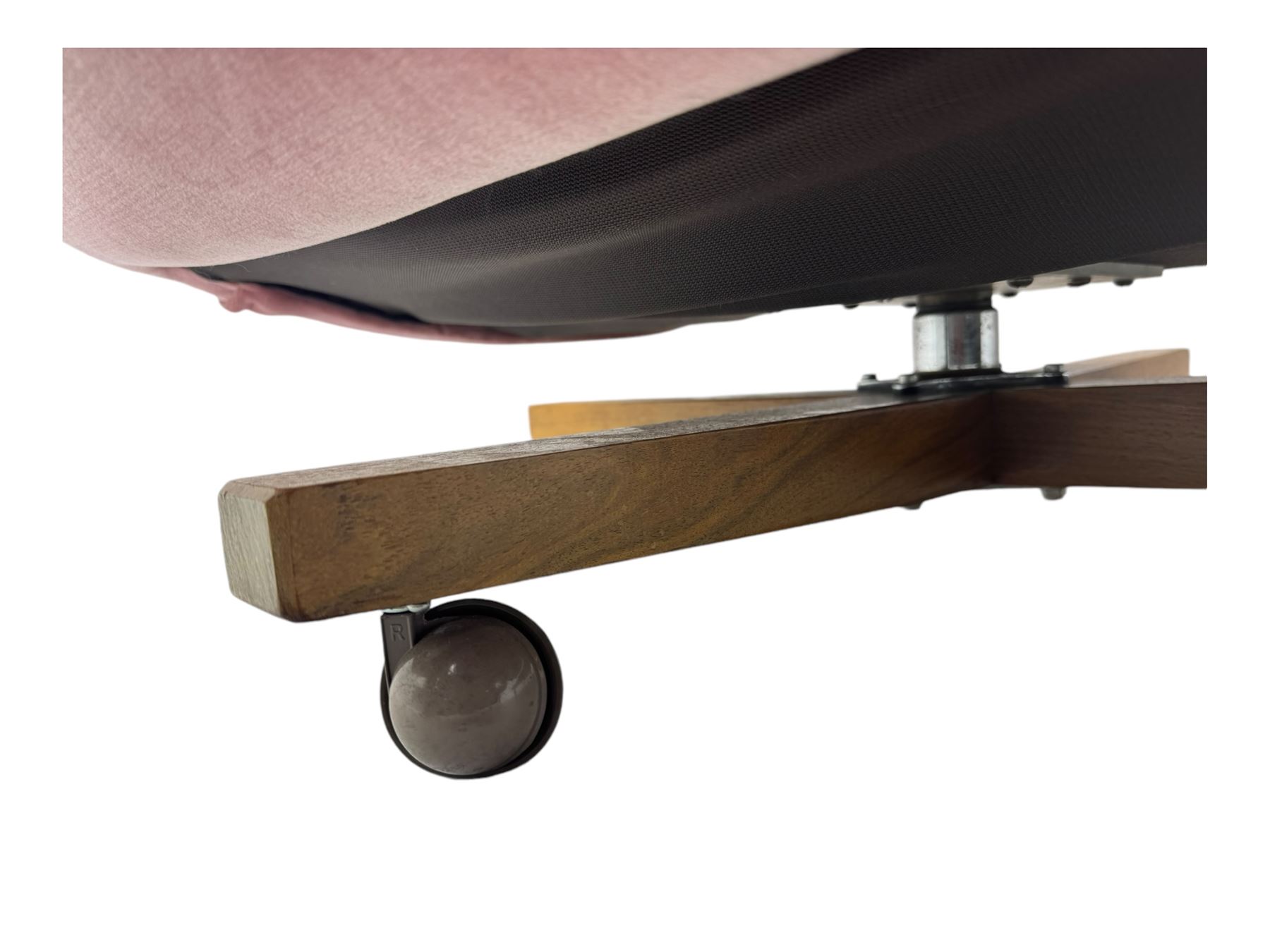 Paul Conti for G-Plan - 'Blofeld' Model 6250 swivel wingback armchair, upholstered in pink velour button back fabric, on teak base with castors