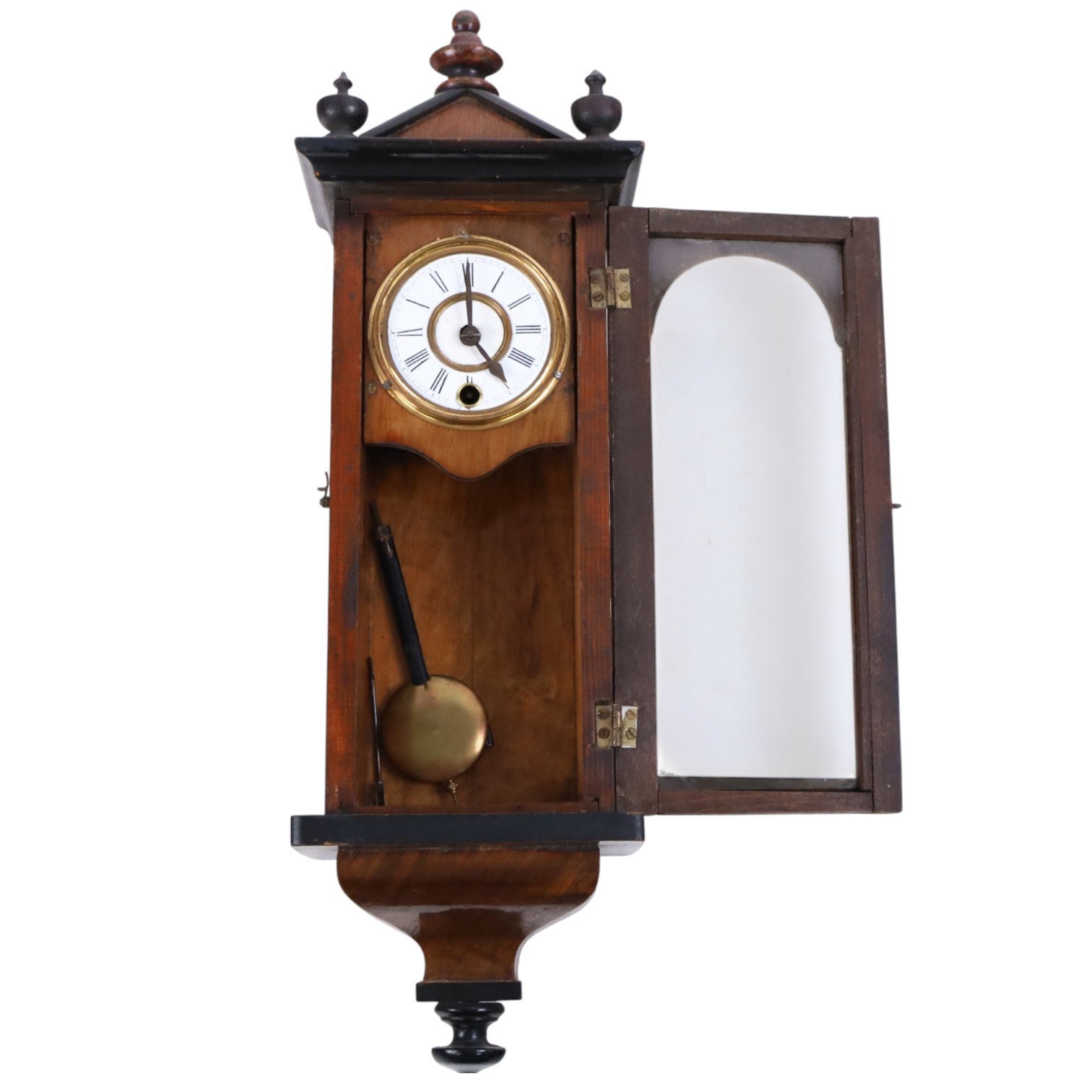 German miniature 8-day wall clock, in walnut case with gable pediment and finials, enamel dial with Roman numerals, minute track, steel spade hands and pendulum, H52cm