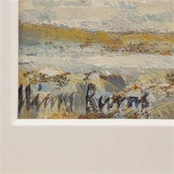 William Burns (Northern British 1923-2010): 'Snow at Roche Abbey - South Yorkshire', oil on board signed, titled verso 14cm x 19cm Provenance: Direct from the family of the artist.
Notes: Born in Sheffield in 1923, William Burns RIBA FSAI FRSA studied at the Sheffield College of Art before the outbreak of the Second World War, during which he helped illustrate the official War Diaries for the North Africa Campaign, and was elected a member of the Armed Forces Art Society. On his return, he studied architecture at Sheffield University and later ran his own successful practice, being a member of the Royal Institute of British Architects. However, painting had always been his self-confessed 'first love', and in the 1970s he gave up architecture to become a full-time artist, having his first one-man exhibition in 1979.