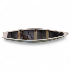 Two wooden fishing coble models, comprising SE31, with rudder, painted in blue, white and red and SSS.33 'Alice', painted in green, black and yellow, largest H16cm, L70cm