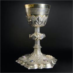 20th Century silver plated Gothic chalice, embossed throughout with fleurs de lis, foliate...