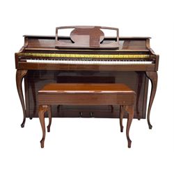 Knight - upright piano in mahogany gloss lacquered case, with stool,  rectangular slide back fall front enclosing full keyboard, with twin brass pedals, cabriole legs 