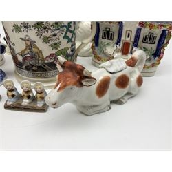Victorian Staffordshire style ceramics, including frog mug, two pastel burners, animal figures, etc 