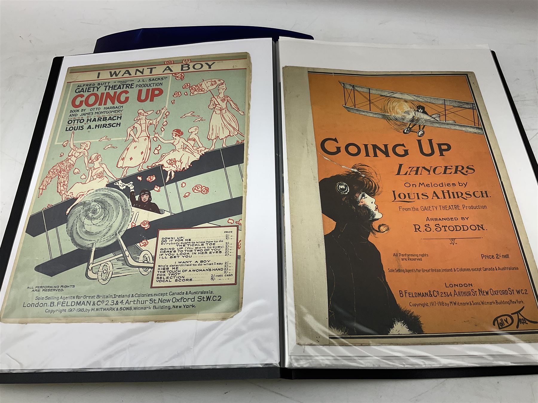 Two albums of Victorian and later sheet music, many with attractive illustrated coloured covers, to include some war and air force related examples to include The Frost Polka, Milk to my Tea, Tour Songs of the Air Service, Silver Wings in the Moonlight, etc, some facsimile