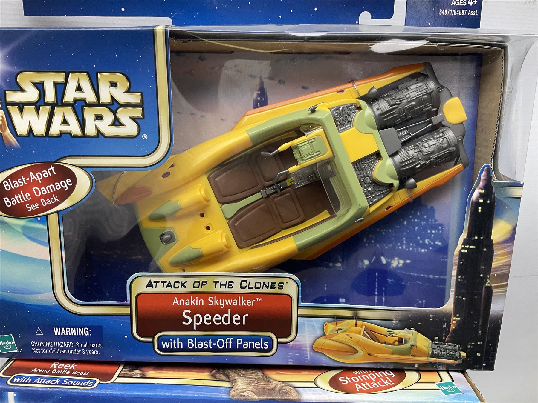 Star wars - Attack of the Clones - Jango Fett Slave 1; Obi-Wan Kenobi's Jedi Starfighter; Reek Arena Battle Beast; Acklay Arena Battle Beast; two x Anakin Skywalker Speeder; and Zam Wesell Speeder; all in sealed boxes (7)