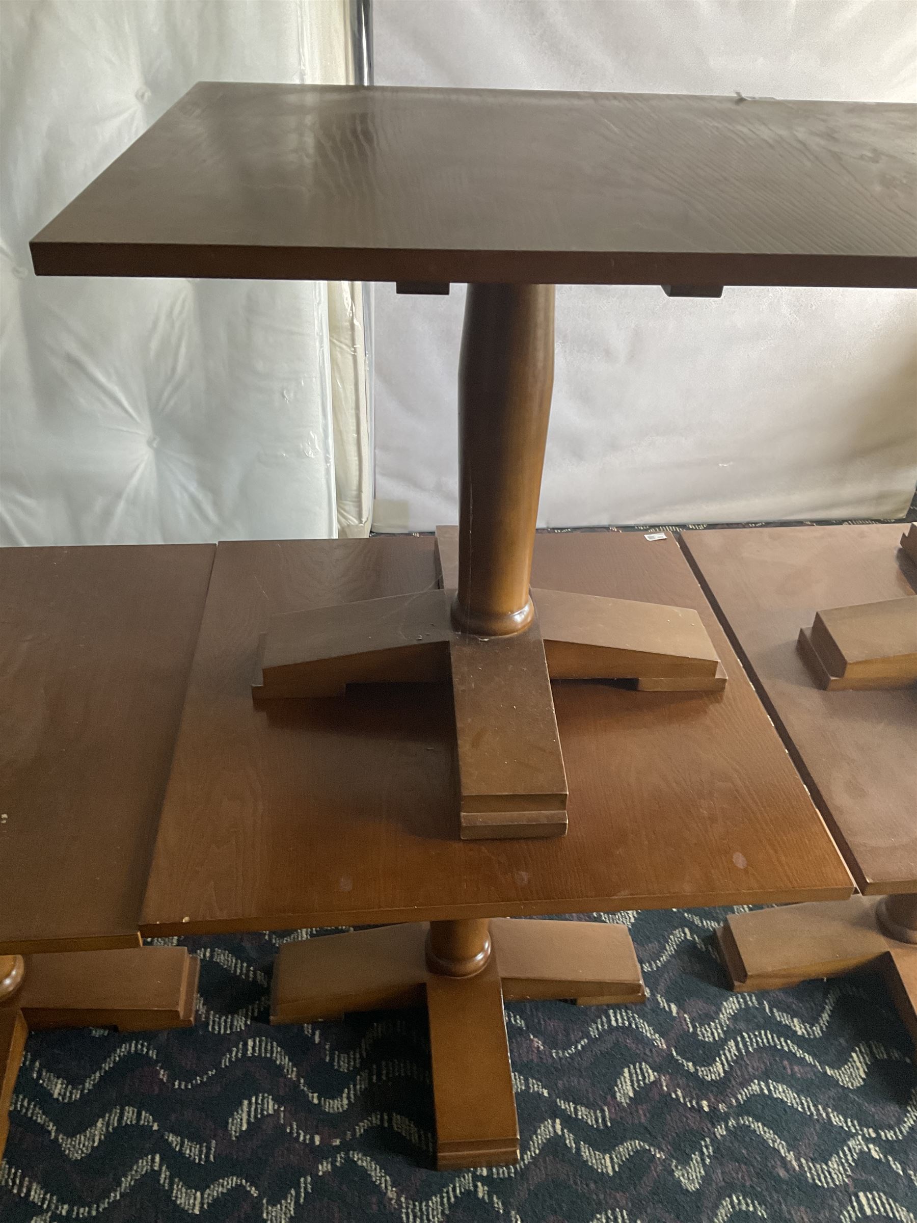 Four square walnut finish dining tables- LOT SUBJECT TO VAT ON THE HAMMER PRICE - To be collected by appointment from The Ambassador Hotel, 36-38 Esplanade, Scarborough YO11 2AY. ALL GOODS MUST BE REMOVED BY WEDNESDAY 15TH JUNE.