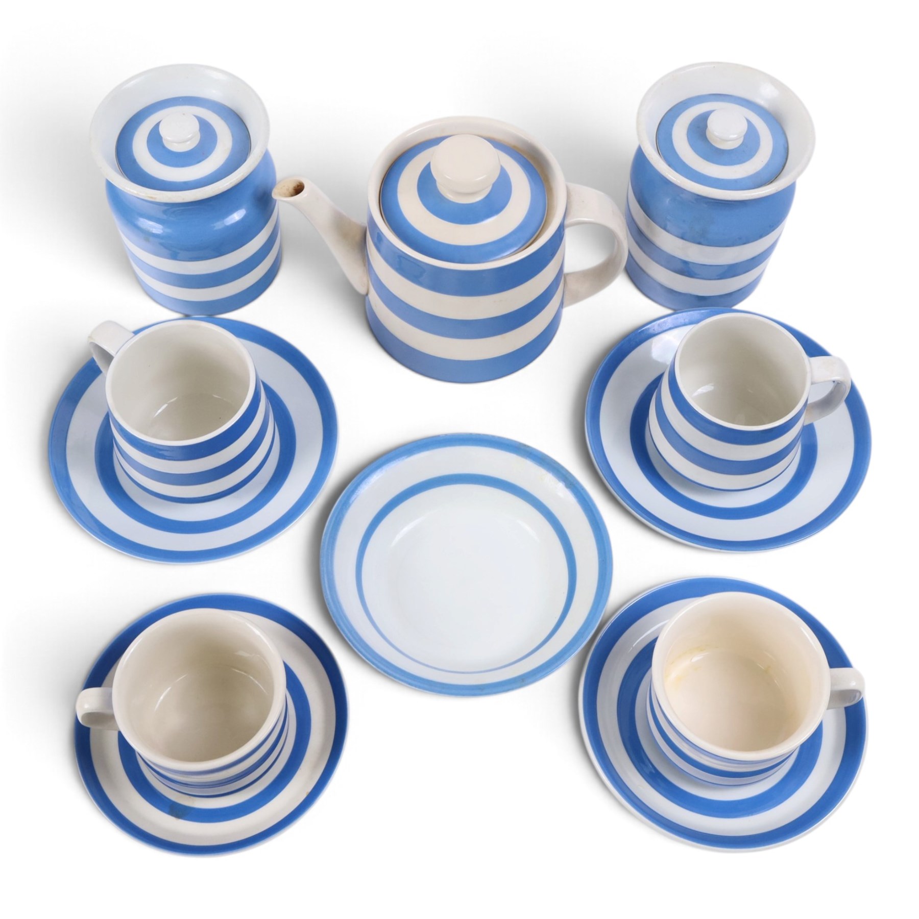 Collection of TG Green Cornishware blue and white, including teapot, two covered jars, cups and saucers etc 