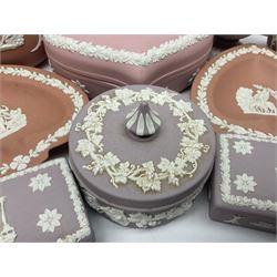 Collection of Wedgwood Jasperware, in orange, lilac and pink colourways, including oval tray, small jug, trinket boxes, trinket dishes, etc , all with impressed mark beneath