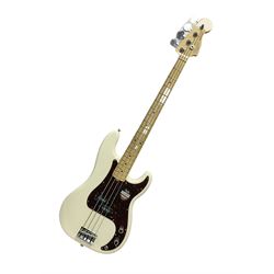 Fender Precision Bass guitar, in Olympic White finish with tortoiseshell effect scratchboard, serial no US15103092, in black Fender hard case with Fender strap and warranty card, guitar L116cm