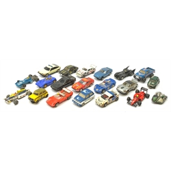 Scalextric - twenty slot-racing models including C281-2 Motorcycle combination, Batmobile, racing cars, rally cars, Minis etc, all unboxed and some for spares or repair