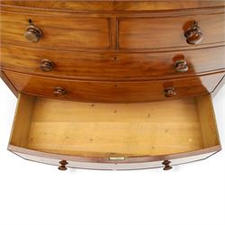 19th century mahogany bow-front chest, shaped top with ebony strung edge over banded frieze, fitted with two short over three long cock-beaded drawers, on turned feet