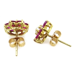  Pair of 9ct gold ruby and pearl cluster stud earrings, hallmarked  
