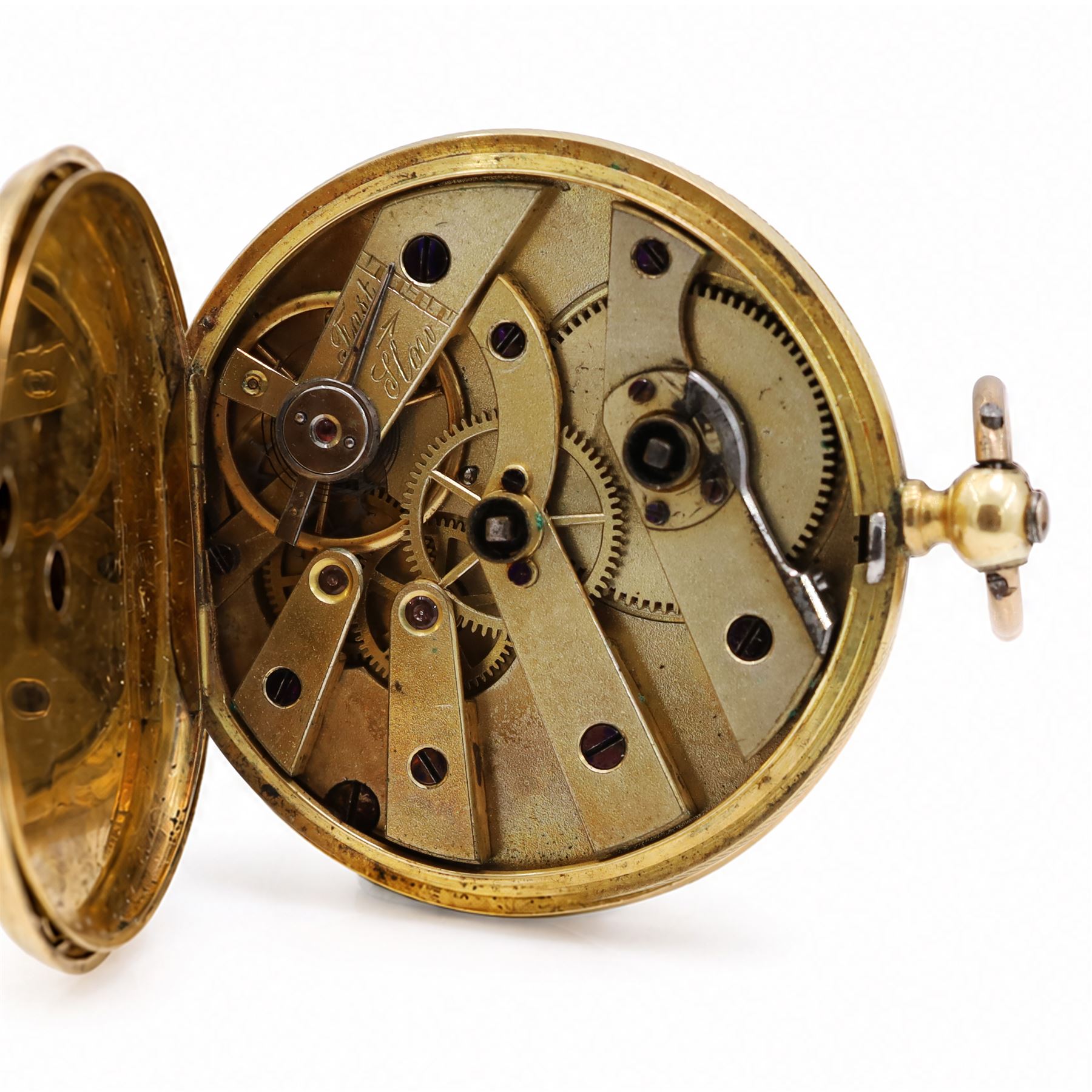 19th century 18ct gold cylinder pocket watch, gilt dial with Roman numeral hour markers, retailed by A.Matthey, back case with engine turned decoration and empty cartouche, stamped 18 Carat Fine