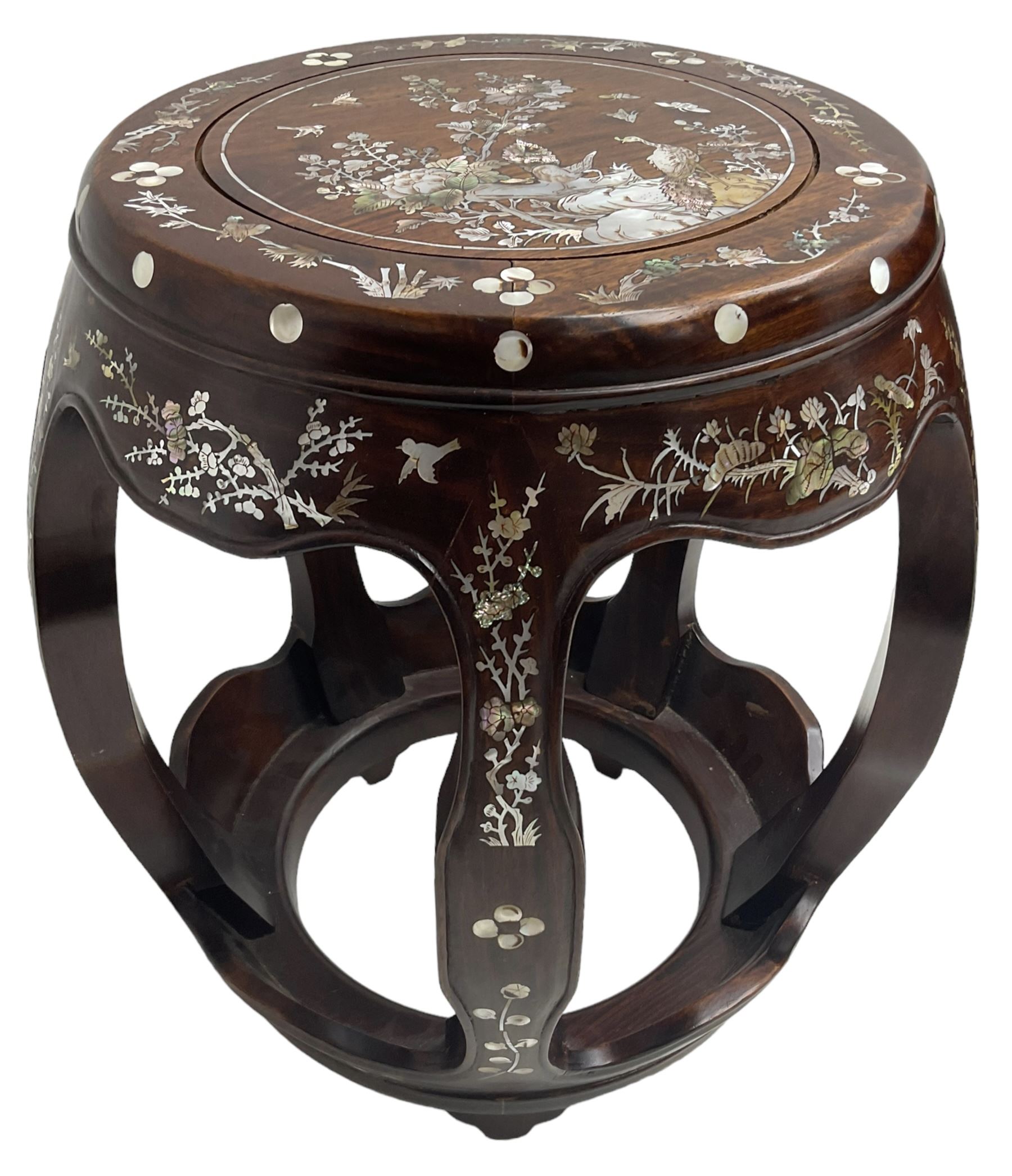Chinese hardwood stand, inlaid with mother of pearl depicting birds, trees and flowers