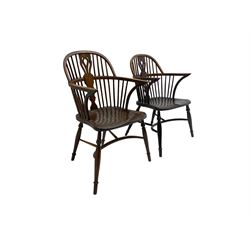 Pair elm Windsor armchairs, double hoop and stick back with shaped and pierced splat, dished seat, on turned supports joined by crinoline stretcher 