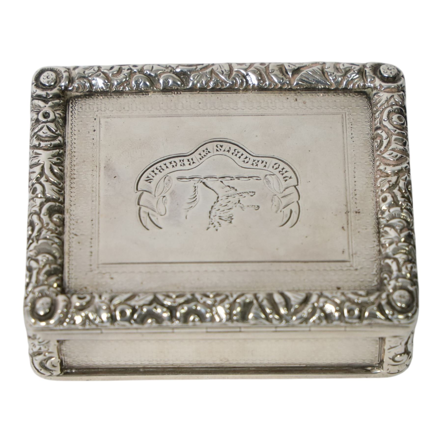 Rare Victorian silver provincial snuff box, of rounded rectangular form, the hinged cover with central engraved crest above motto 