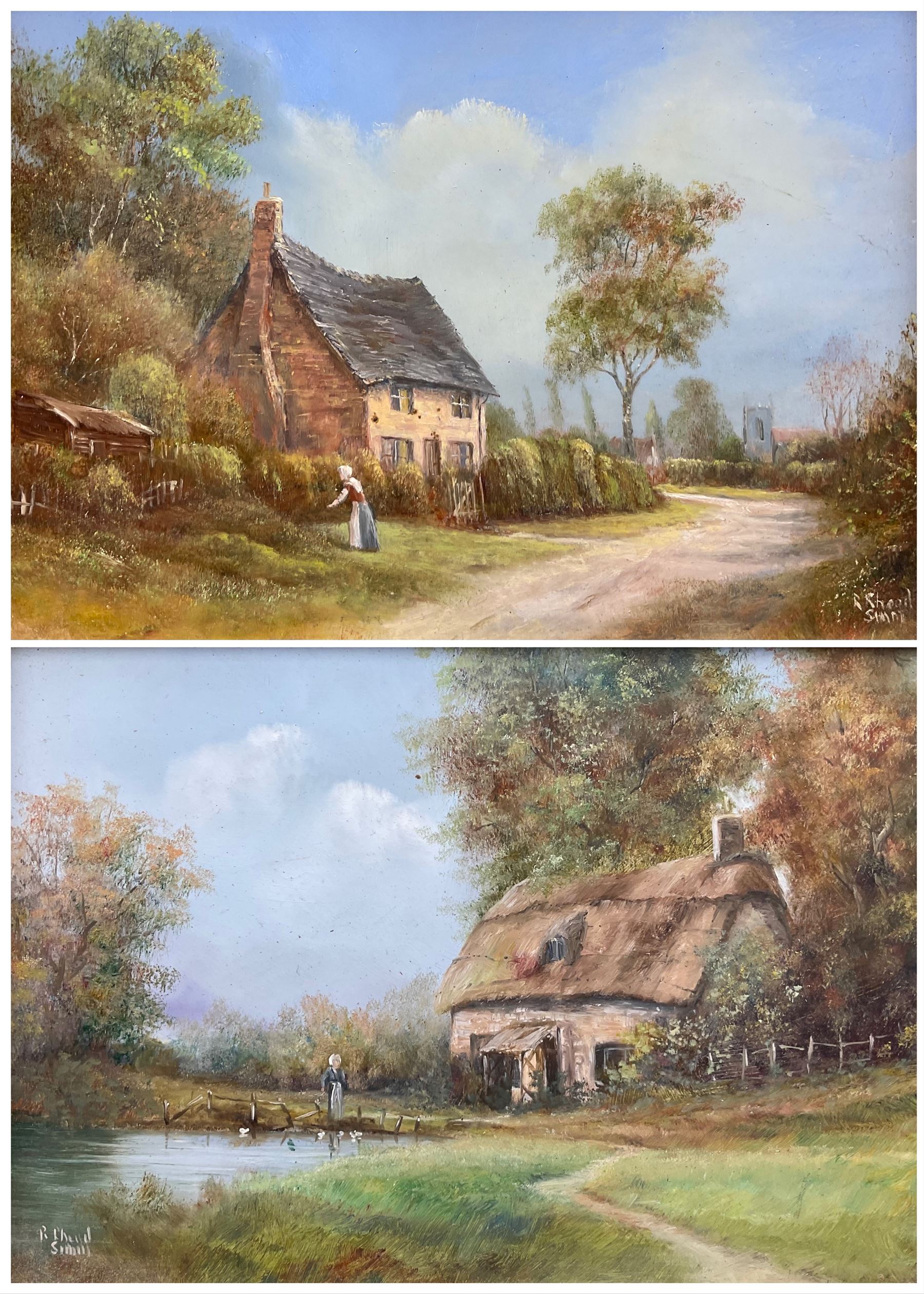 Richard Rhead Simm (British 1926-2019): Cottage Scene with Figure, pair oils on board signed 12cm x 16cm (2) 
Notes: Simm was an artist for Royal Doulton 