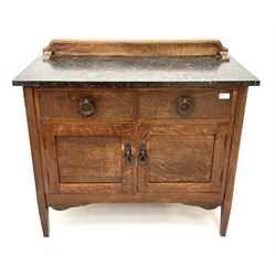 Edwardian oak washstand with marble top, top drawers above two cupboards, square tapering supports 