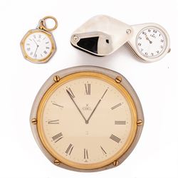 Ebel Loupe travelling alarm clock, in leather case, Ebel desk clock and fob watch