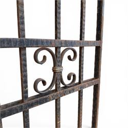 Victorian wrought iron vineyard gate, with ornate scrollwork and foliate acanthus leaf decoration, shaped cresting and central decorative panel, finished in rustic black painted finish