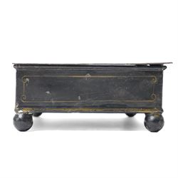 19th century toleware stationary or wafer box, possibly German, with painted cover depicting a child holding oversized quill, seated at a davenport, W20.5cm D13.5cm