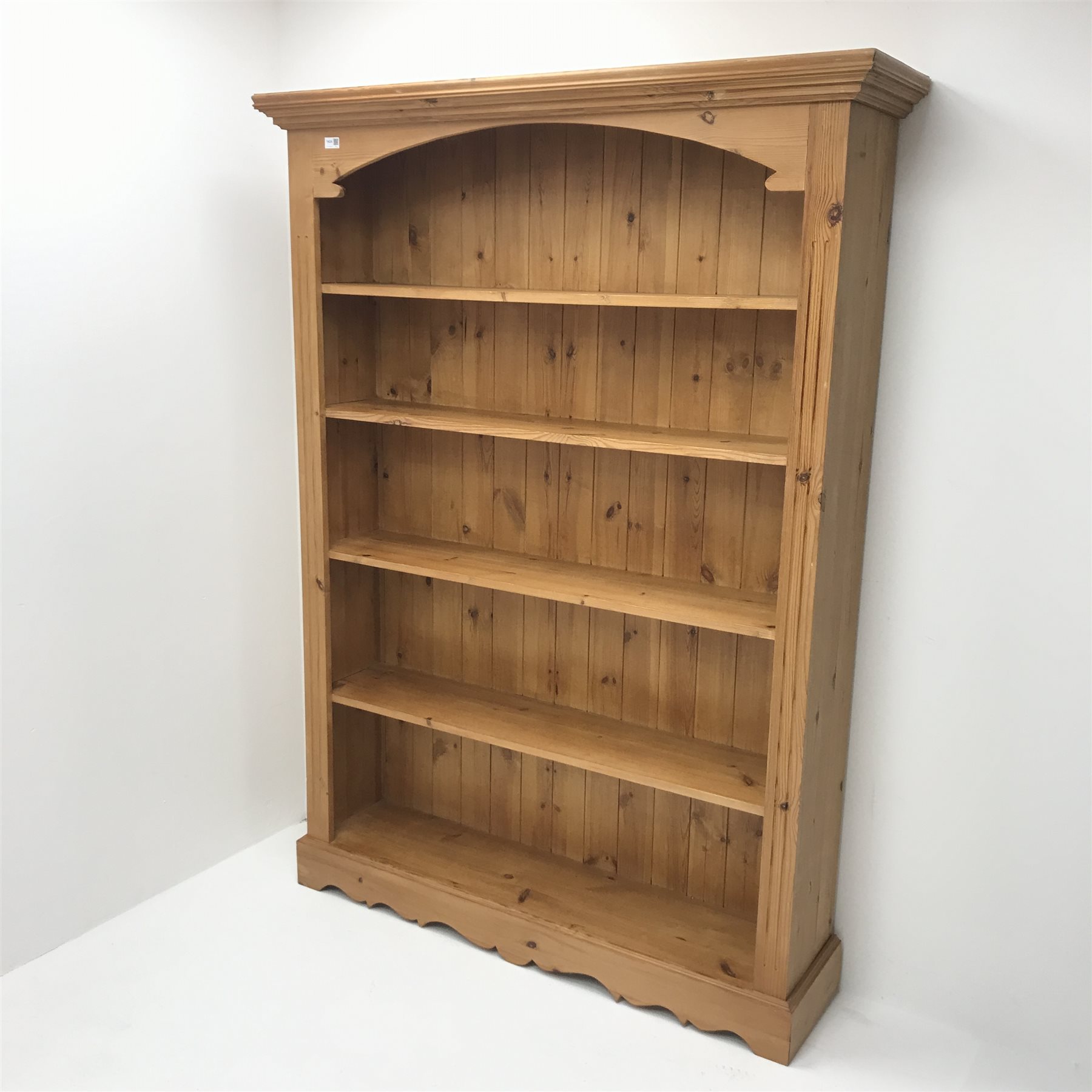 Solid pine 6’ open bookcase, projecting cornice, four shelves, plinth