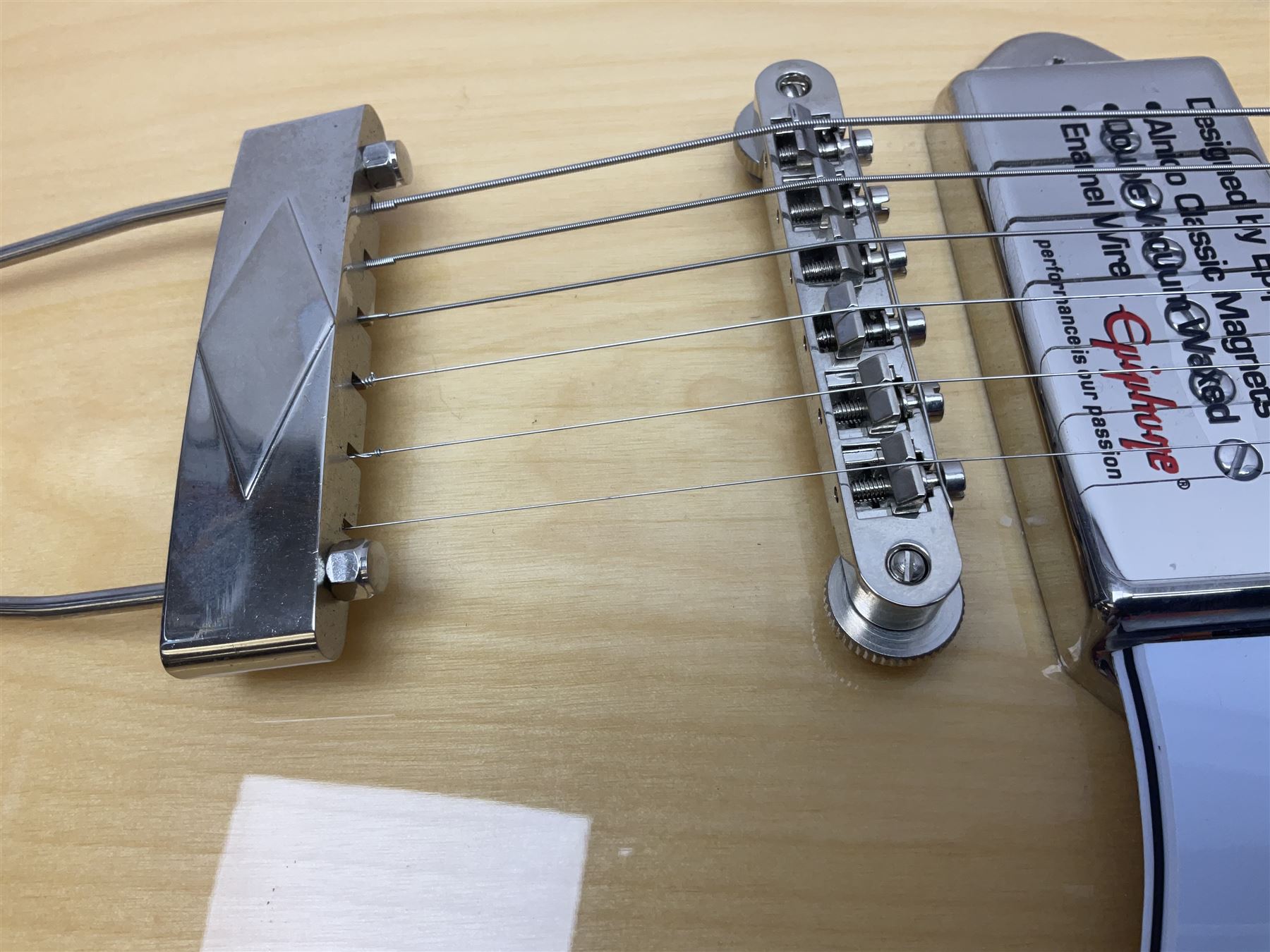 Epiphone Casino NA semi-acoustic guitar with natural maple finish and P90 pick-ups, serial no.19061529340, L105cm overall; in original hard carrying case