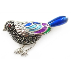  Silver plique-a-jour and marcasite bird brooch stamped 925  