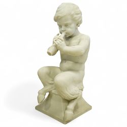 Follower of Claude Michel Clodion (French 1738-1814): The Putti-Faun Orchestra - set of four Italian carved white marble figures of child satyrs as musicians, each finely carved figure depicting a seated putto-faun with youthful features and small goat’s legs and cloven feet, variously playing rustic instruments: a syrinx (Panpipes), a flute, a tambourine and clappers - each raised on an integral waisted square plinth, Italian, circa 1900

Provenance: Kirkham Hall

Notes: Inspired by the rustic god Pan and his followers, these putti-fauns reflect the late-19th-century revival of classical themes popular with Grand Tour collectors; their instruments evoke the god Pan’s pastoral music, while the carving and  composition exemplify the appeal of bacchic subjects in the Italian neoclassical tradition