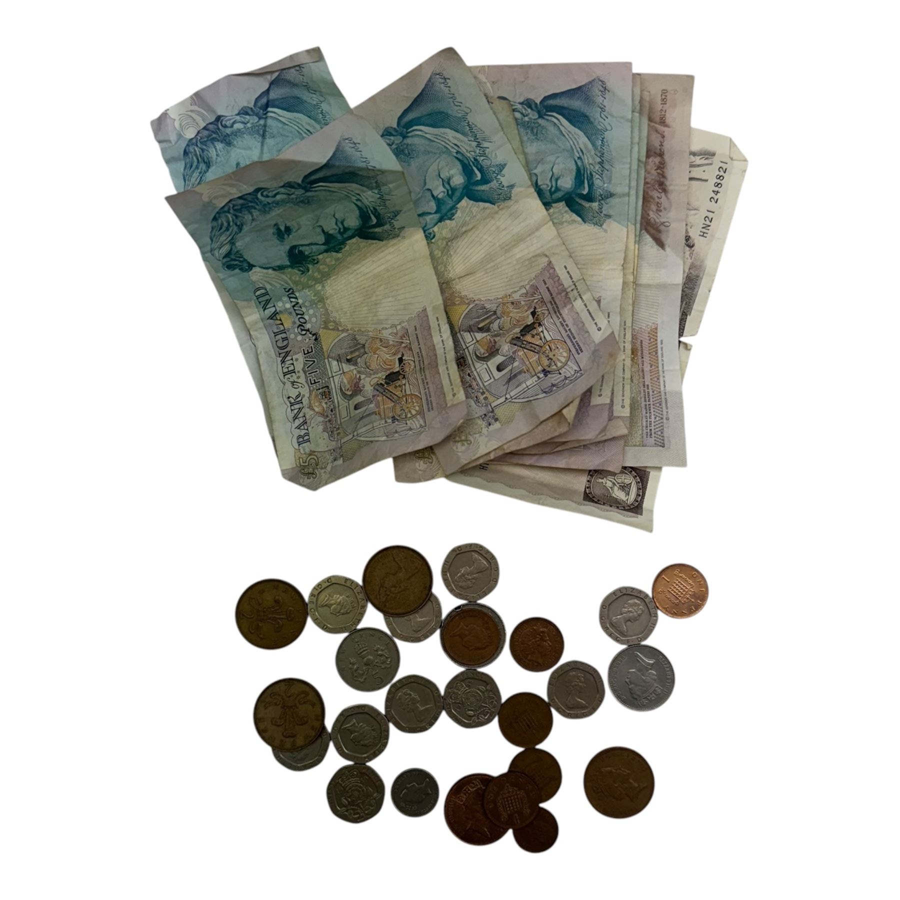 Coins and banknotes, including Bank of England Gill ten pound note 'HN21', seven Kentfield five pound notes, Kentfield ten pounds 'JK20' and a small number of Queen Elizabeth II coins